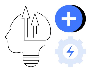 Yenilik kavramı. İnsan silüeti, yukarı doğru ok büyümesi, yıldırımlı bir dişli ve gelişim için artı sembolü olan bir icat. Teknoloji, yaratıcılık, iş stratejileri için