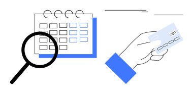 Büyüteç inceleme takvimi ve elinde bir kredi kartıyla. Planlama, programlar, işlemler, rezervasyon, e-ticaret, zaman yönetimi ve teslim tarihleri için ideal. Basit düz metafor