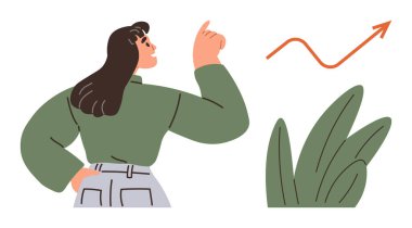 Yeşil tişörtlü kadın, yeşil yaprakların yanında gelişimi ve başarıyı simgeleyen yukarı doğru bir oku işaret ediyor. İlerleme, başarı, liderlik, motivasyon, başarı ve iyimserlik için ideal. Basit.