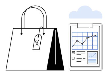 Perakende stratejileri, satış analizleri, e-ticaret büyümesi, tüketici eğilimleri, çevrimiçi alışveriş, pazarlama araçları. Veri tablolarının yanında yüzde etiketli alışveriş torbası. Perakende stratejileri ve satış analizleri