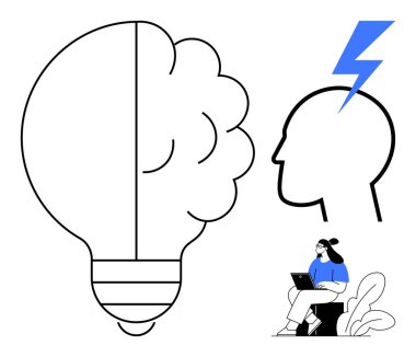 Yaratıcılık konsepti. Beyni ve ampulü olan bir yaratıcılık ve dizüstü bilgisayarda beyin fırtınası yapan bir insan. Yaratıcılık yenilikçiliği ve üretkenliği teşvik eder. Tasarım, fikir, yenilik için