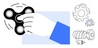 Stres atma, üretkenlik araçları, mühendislik kavramları, mekanik tasarım, yaratıcı süreçler, yenilik. Bir el, dişli ve makine grafiklerinin yanında bir virajı çevirir. Stres atma.