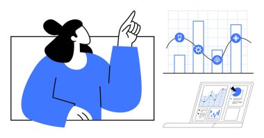 Data analytics, cybersecurity, technology management, business growth, digital monitoring, performance insights. Person pointing upwards, graphs and metrics on laptop. Data analytics
