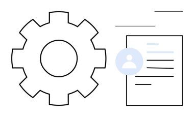 Process automation, user management, system settings, digital documentation, database operation, workflow efficiency. Gear icon next to a document with a profile. Process automation and user