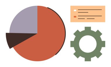 Turta şeması bölümlere, yeşil dişli sembolüne ve analiz için veri ekranına bölündü. Veri sunumu, analitik, strateji, takım çalışması, istatistik organizasyonu ve planlama için ideal. Basit düz