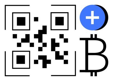 Kripto para birimi konsepti. Bitcoin ödemeleri ve mali işlemlerle bağlantılı QR kodu. Kripto para birimi dijital finansal alışverişleri düzene sokuyor ve zincir bazlı işlemleri engelliyor. Fintech, dijital için