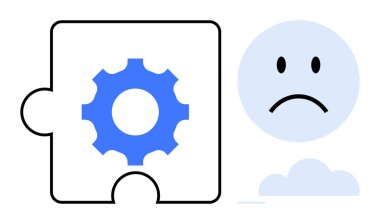 Sorun çözme konsepti. Vites bulmacası parçası ve hüzünlü yüz zorlukları, duygusal etki ve çözümler. Akıl sağlığı, takım çalışması, kişisel büyüme ve yenilikte problem çözme