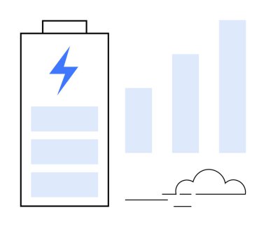 Enerji depolama konsepti. Enerji, bir pil ve yıldırım sembolü ile gösterilmiş. Bir bar tablosu kullanarak enerji artışı. Yenilenebilir enerji, güç yönetimi, yenilik, veri görselleştirmesi için