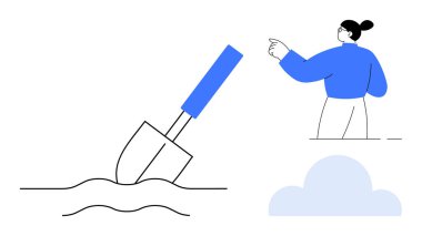 Keşif, rehberlik, yön, çözümler bulmak, yaratıcılık, takım çalışması. Bir kadın öne bakıyor, yerde bir kürek ve bir bulut çizimi. Keşif ve rehberlik kavramsal tasarım