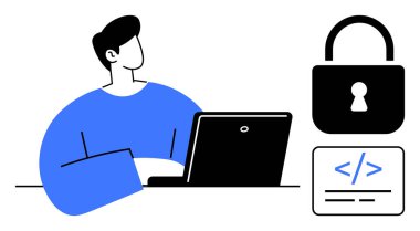 Siber güvenlik, çevrimiçi gizlilik, veri koruması, programlama, teknoloji, dijital güvenlik. Kilit ve kod sembolleriyle dizüstü bilgisayarda çalışan biri. Siber güvenlik ve çevrimiçi gizlilik