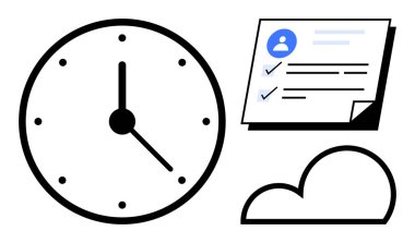 Büyük saat, kullanıcı profilli kontrol listesi, ve bulut görev takibi, zaman yönetimi ve çevrimiçi veri depolama. Planlama, organizasyon, teknoloji, verimlilik takım çalışması için ideal