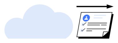 Büyük bulut, kullanıcı profilli belge, tamamlanmış görevler ve veri transferini gösteren siyah ok. Dosya paylaşımı, bulut depolama, veri değişimi, uzaktan erişim, ağ dijital güvenliği için ideal