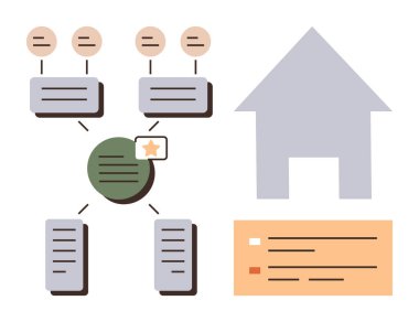 Düğümleri, bağlantıları, belgeleri, mesaj baloncukları ve ev grafikleriyle ağ diyagramı. İş akışı, veri analizi, iletişim, planlama yapı takım çalışması için ideal basit düz metafor
