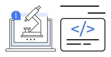 Bilim, yazılım geliştirme, eğitim, araştırma, yenilik, teknoloji. Dizüstü bilgisayarda mikroskop ve kodlama sembolü. Araştırma ve bilim yenilik kavramı