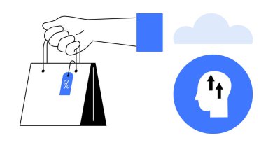 Alışveriş konsepti. Büyüme ikonu tüketici eğilimlerinin yanında indirimli etiketli alışveriş torbası. Satışlar, e-ticaret, perakende, karar verme, pazarlama eğilimleri
