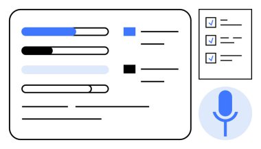 Üretkenlik, ses yardımı, veri yönetimi, görev takibi, yapay zeka tasarımı, iş akışı. Veri çubukları, mikrofon ve kontrol listesi. Üretkenlik ve ses yardım araçları kavramı