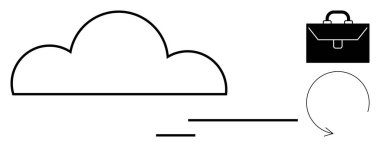 Bulut hesaplama, veri yönetimi, iş akışı, dosya depolama, senkronizasyon, minimum tasarım. Görsel öğeler arasında bir bulut, oklar ve bir evrak çantası var. Bulut hesaplama ve veri yönetimi
