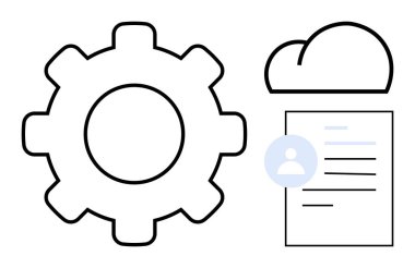 Bulut deposu, veri gizliliği, çevrimiçi hizmetler, yazılım entegrasyonu, teknoloji altyapısı, kullanıcı yönetimi. Vites sembolü, bulut ve belge profil simgesi. Bulut depolama ve veri gizliliği