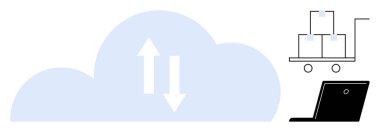 Veri depolama, bulut hesaplama, lojistik, çevrimiçi transfer, e-ticaret yönetimi, uzaktan çalışma çözümü. Okları, yük arabası ve dizüstü bilgisayarı olan bir bulut. Bulut hesaplama ve lojistik kavramı