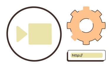 Video oynatma simgesi, ayarlar için teçhizat ve bir URL çubuğu dijital ortam, yayın, internet gezme ve teknik optimizasyonu temsil eder. Medya, teknoloji, UIUX yenilik ve öğretiler için ideal