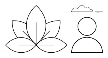 SağIık sembolleri. Nilüfer çiçeği, insan figürü, bulut sağlığı, farkındalık ve denge gibi minimalist sanat tasarımları. Meditasyon, akıl sağlığı, maneviyat yaşam tarzı uyumu için sağlık görselleri