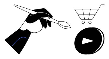 Sanat, yaratıcılık, dijital medya, e-ticaret, video içeriği, online alışveriş. El fırçası, alışveriş arabası ikonu ve düğme sembolü. Dijital medya ve e-ticarette sanat ve yaratıcılık