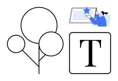 Eğitim araçları, yaratıcılık, görsel tasarım, öğrenme süreci, kavramsal planlama, teknoloji etkileşimi. Soyut ağaç diyagramı, fikir sunan büyük metin ikonu kişi. Yaratıcılık