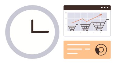 Büyüme çizelgesinde saat, alışveriş arabaları ve müşteri profili bilgileri. İş stratejisi, analitik, zaman yönetimi, e-ticaret, satış verimliliği ve planlama kavramları için idealdir. Basit düz