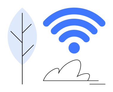 Çevre dostu teknoloji, internet bağlantısı, sürdürülebilirlik, yeşil iletişim, kablosuz yenilik, modern çözümler. Ağaç ve bulutlu kablosuz sembol. Çevre dostu teknoloji ve internet bağlantısı