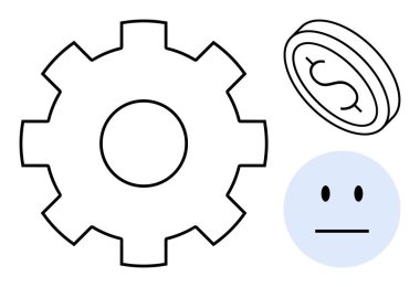 İş süreçleri, ekonomi, karar verme, duygusal tepki, verimlilik, finansal sistemler. Vites, üzerinde dolar işareti olan minimalist çizimde tarafsız yüz simgesi olan bozuk para. İş süreçleri