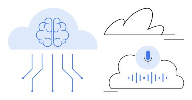 Yapay zeka, bulut teknolojisi, makine eğitimi, veri işleme, yenilik, teknoloji geliştirme. Bulut şekilleri içinde beyin ve mikrofon. Yapay zeka ve bulut teknolojisi