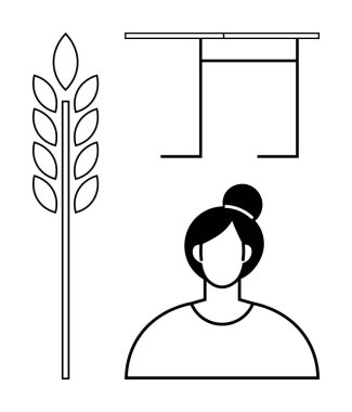 Tarım, kültürel miras, kadınlık, doğa, gelenek, soyut tasarım. Bir kadın, buğday kulağı ve temiz siyah çizgilerle bestelenmiş geleneksel bir kemer. Tarım ve kültür mirası kavramları