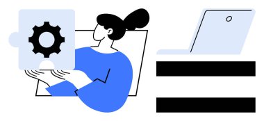 Elinde bulmaca parçası tutan bir kadın problem çözmeyi simgeliyor. Laptop masası işi sembolize eder. Takım çalışması, yenilik, teknoloji, üretkenlik, teknik çözümler, işbirliği, basit düz alan