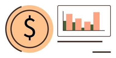 Tablonun yanında yükselen grafik elemanları olan bir dolar para. Finans, yatırım, iş, ekonomi, tasarruf, piyasa eğilimleri ve bütçe için ideal. Temiz, düz metafor