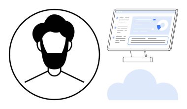 Kullanıcı doğrulaması, bulut depolama, çevrimiçi güvenlik, teknoloji arayüzü, kimlik yönetimi, veri analizleri. Profil simgesi ve bulut grafikli dijital gösterge paneli. Kullanıcı kimlik denetimi ve bulut