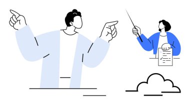 İki karakter jestlerle etkileşime girerken, biri odak noktasını yönetir, diğeri ise bir belge tutar. Takım çalışması, iletişim, liderlik, eğitim, beyin fırtınası, strateji, basit düz metafor