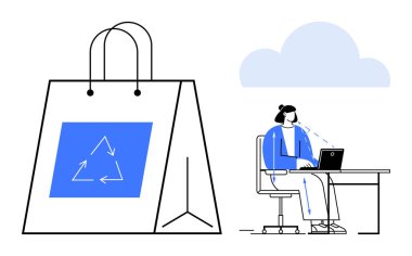 Sürdürülebilirlik kavramı. Geri dönüşüm çantasıyla vurgulanmış çevre dostu uygulamalarla sürdürülebilir alışveriş. E-ticaret, uzaktan çalışma ve çevrimiçi iletişimde sürdürülebilirlik. Eko-ticaret için