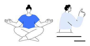 Akıl sağlığı, farkındalık, rehberlik, sağIık, kişisel bakım, iletişim. Kadın nilüfer pozisyonunda oturmuş meditasyon yapıyor ve erkek yukarı bakıyor. Zihinsel sağlık ve farkındalık kavramı