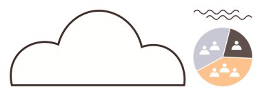 Bulut ana hatları turta grafiği altı çizili takım segmentleri, sinyal işbirliği, veri paylaşımı ve görevlerin bölünmesi. Dalgalı çizgiler iletişim, akış ve dijital bağlantı öneriyor. İdeal