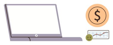 Diz üstü bilgisayarın yanında gülen surat ve büyük paralar var. İş, finans, başarı, üretkenlik, teknoloji, analitik ve yatırımlar için idealdir. Basit düz metafor