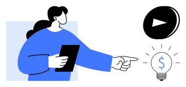 Dijital finans, teknoloji entegrasyonu, yenilik, finansal büyüme, içerik oluşturma, çevrimiçi çözümler. Elinde tablet tutan kadın dolar işareti ve oyun düğmesi olan ampulü işaret ediyor. Dijital finans