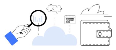 Veri analizi, bulut hesaplama, finansal yönetim, problem çözme, proje planlama, gelecekteki teknoloji. Grafik ve bulut simgeleri, büyüteç cam cüzdan. Veri analizi ve bulut hesaplama kavramı