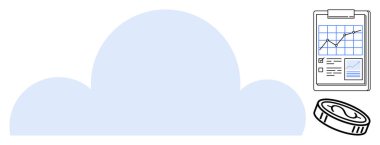 Bulut deposu, dijital finans, veri analizi, teknoloji trendleri, iş stratejileri, uzaktan erişim. Mavi bir bulut şekli, veri grafiği panosu ve bozuk para. Bulut depolama ve dijital finans