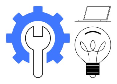 Yenilik, teknik araçlar, tamir hizmetleri, problem çözme, yaratıcı çözümler, teknoloji tasarımı. İngiliz anahtarı, ampul ve minimal dizüstü çizimi olan bir vites. Yenilik ve teknik araçlar
