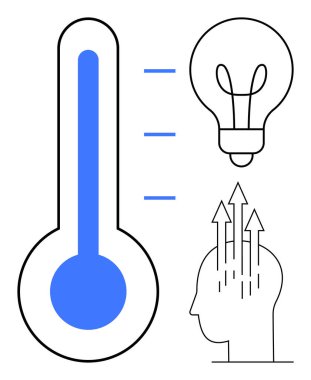 Yaratıcılık konsepti. Termometreyle yaratıcılık, ampul ve oklu insan zihni. Yaratıcılık yenilik, problem çözme ve zihinsel gelişime bağlıdır. Eğitim ve yenilik için beyin fırtınası