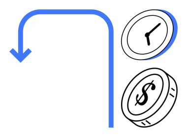 İş planlaması, zaman yönetimi, finansal yatırım, maliyet verimliliği, verimlilik, kaynak tahsisi. Saat ve dolar simgeli kavisli ok. Zaman yönetimi ve mali yatırım