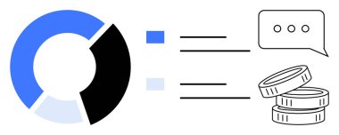 İş analizi, finansal raporlama, veri iletişimi, piyasa segmentasyonu, yatırım stratejisi, bilgi akışı. Turta grafiği ve bozuk paralarla konuşma balonu. İş analizi ve mali