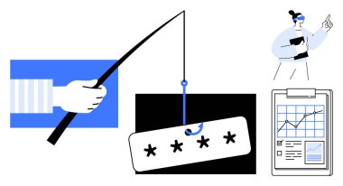 Siber güvenlik tehditleri, şifre koruması, veri analizi, çevrimiçi güvenlik, sahtekarlık önleme, teknolojik farkındalık. Şifreli olta, grafiker gösteren pano. Siber Güvenlik