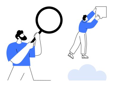 Veri analiz konsepti. Bir büyüteç kullanarak ve bulmaca parçası veri keşfi, problem çözme ve strateji uydurarak. İş süreçleri, takım çalışması, araştırma, analitik, çözümler