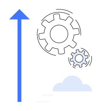 İş geliştirme, üretkenlik, yenilik, takım çalışması, bulut hesaplama, verimlilik. Vites yükselen bir okla bir bulutun yanında dönüyor. İş geliştirme ve üretkenlik kavramı